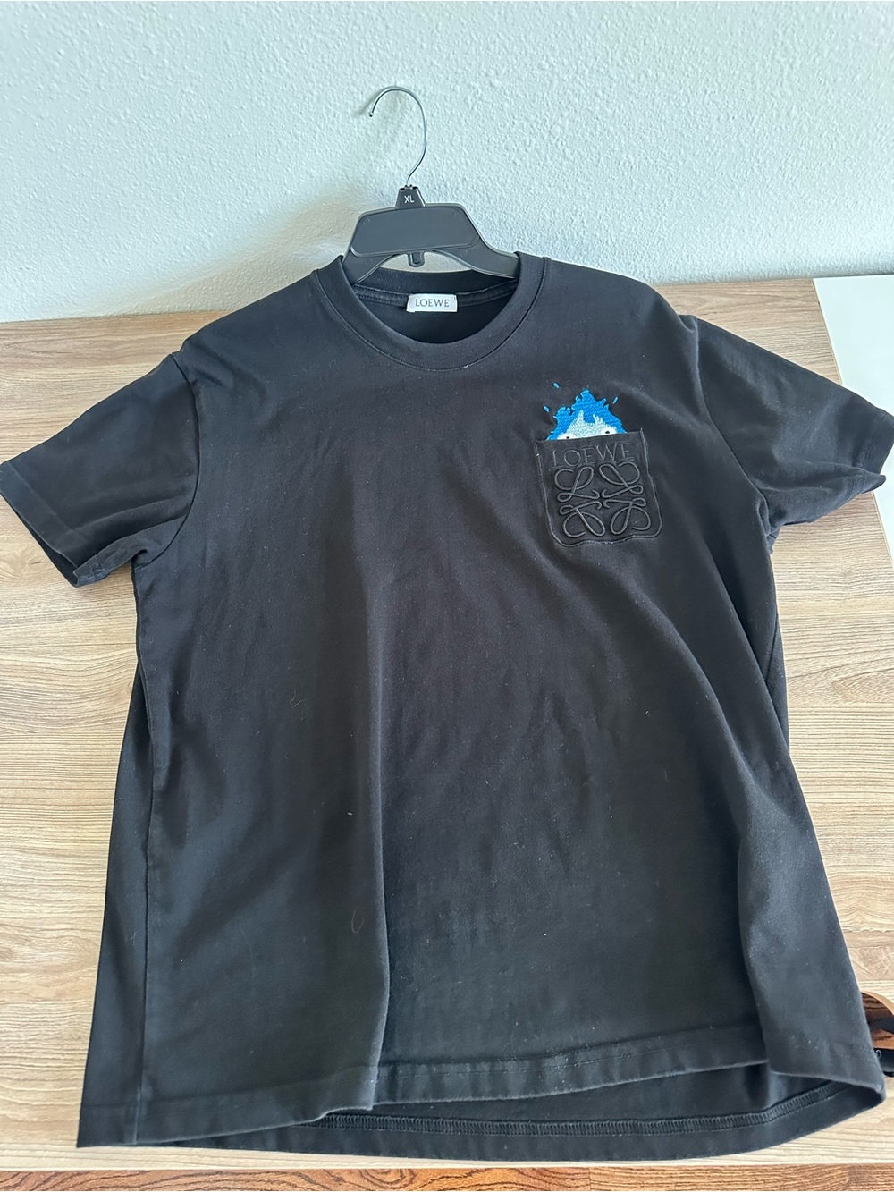 Loewe Men’s Black Crewneck Tee with Blue Pocket Splash